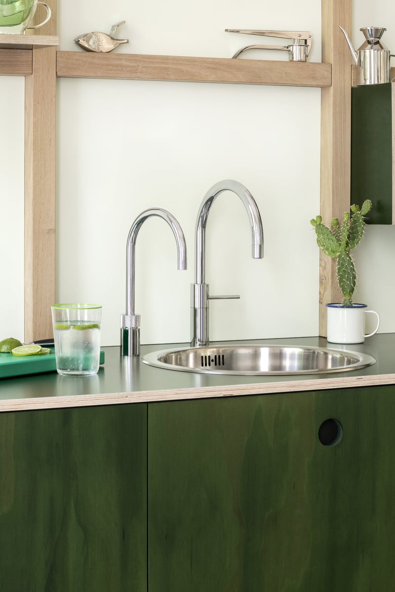 Quooker Nordic Round in chrome boiling water tap — twin taps in a real customer kitchen. Genuine Quooker product supplied by Watertap.eu.