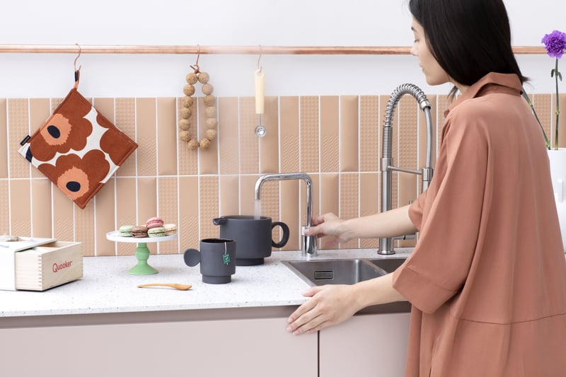 Quooker Nordic Square in chrome boiling water tap — single tap, tap in a real customer kitchen. Genuine Quooker product supplied by Watertap.eu.